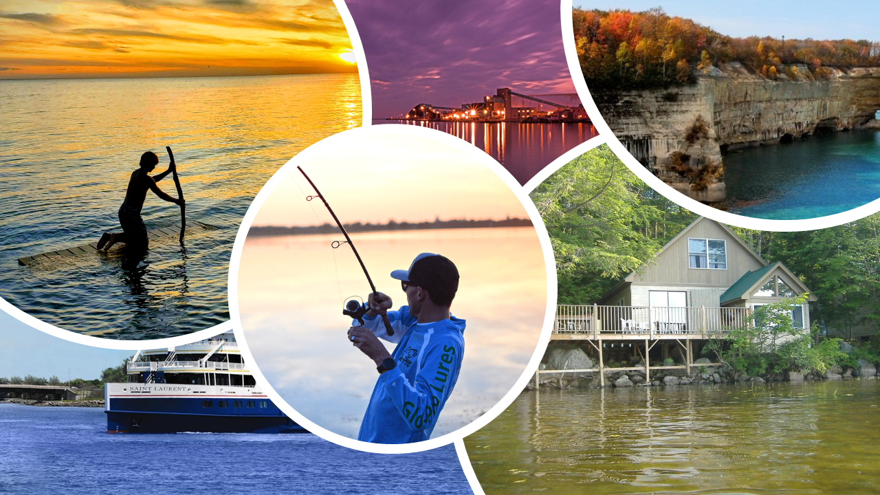 Collage of Great Lakes images, fishing, paddle boarding, boating, nature